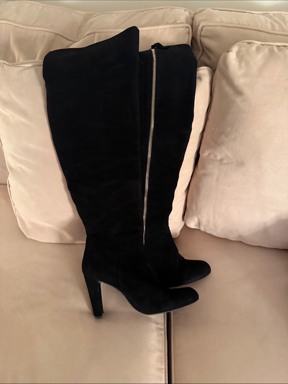Stuart Weitzman Black Suede Over-the-Knee Heeled Boots with Side Zip